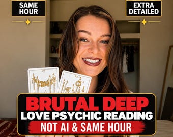 May include: A person holding two white tarot cards with gold line art illustrations. Text overlays read: SAME HOUR, EXTRA DETAILED, and BRUTAL DEEP LOVE PSYCHIC READING NOT AI & SAME HOUR. The person has long brown hair and is wearing a brown top.
