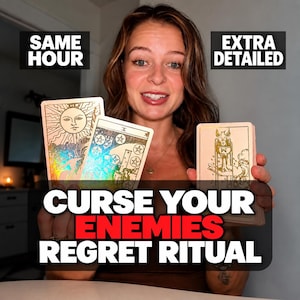 May include: Three tarot cards with gold foil detailing and holographic accents. The cards feature intricate line art illustrations of a sun, a tower with coins, and a chalice. Text overlays read SAME HOUR, EXTRA DETAILED, and CURSE YOUR ENEMIES REGRET RITUAL.