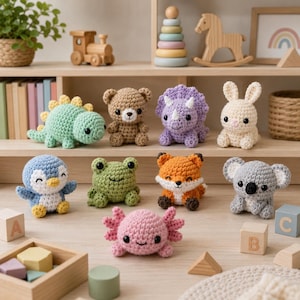 Pacchetto di modelli all'uncinetto di animali amigurumi, 9 simpatici modelli di animali, PDF per principianti di amigurumi, giocattolo fatto a mano e regalo per la cameretta dei bambini
