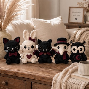 Gothic Crochet Pattern Bundle, Halloween Amigurumi Animals, Cat Bunny Bat Plague Doctor Owl PDF