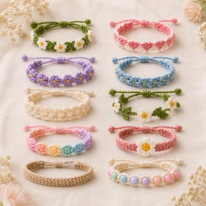 Adjustable Crochet Bracelet Pattern Bundle, 10 Floral Friendship Bracelet PDF Patterns, Handmade Jewelry Gift Tutorial