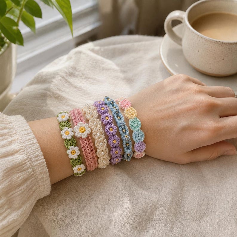 May include: A collection of six handmade crochet bracelets featuring various designs, including white daisy flowers on green, a pink band with a white flower, cream beads, purple flowers, blue with gold beads, and a pastel multi-colored scalloped pattern.