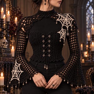 May include: A black crochet long-sleeve top featuring a high neck, a lace-up front with metal eyelets, and flared sleeves. The garment is adorned with cream-colored spiderweb appliques on the left shoulder and right sleeve, accented with small beads.