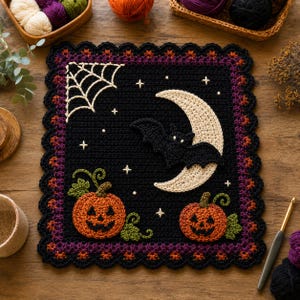 Halloween Crochet Pattern, Gothic Wall Hanging with Pumpkin Moon Bat and Spiderweb, Halloween Home Decor PDF