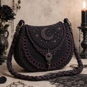 May include: A dark purple crochet crossbody bag featuring a crescent moon and star embroidery on the front flap. The bag includes a braided strap, silver-toned hardware, and a dangling circular charm with a black stone at the center closure.