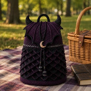 May include: A dark purple and black crocheted backpack featuring a dragon-inspired design with two horns, wing-shaped flaps, and a crescent moon charm on the drawstring closure. The body is covered in layered, scale-like crochet textures.