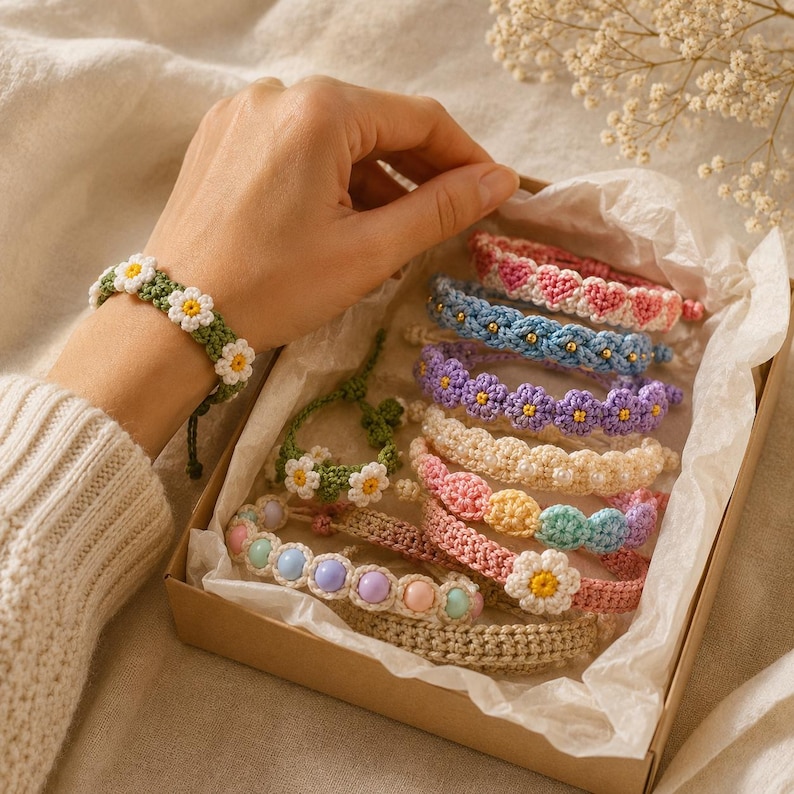 May include: A collection of handmade crochet bracelets featuring various designs including white daisy flowers, pastel beads, and heart patterns. The bracelets are presented in a cardboard box lined with white tissue paper, showcasing intricate yarn work.