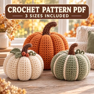 May include: A digital document titled CROCHET PATTERN PDF 3 SIZES INCLUDED featuring three crocheted pumpkins. One is large and orange, one is cream-coloured with green leaves and berries, and one is sage green with cream-coloured vertical ribs.