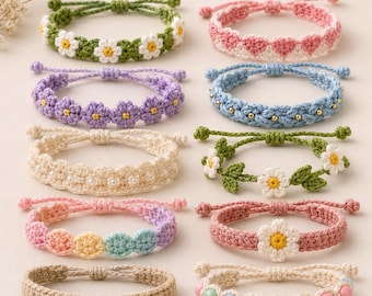 Puede incluir: Una colección de diez pulseras de ganchillo hechas a mano con varios diseños, incluyendo margaritas blancas sobre bandas verdes, corazones rosas, flores moradas, bandas trenzadas azules con cuentas doradas, encaje crema con perlas y cuentas pastel.