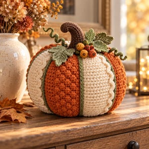 May include: A handcrafted crochet pumpkin featuring alternating segments of burnt orange textured bobble stitches and cream-colored smooth stitches. The pumpkin is topped with a dark brown stem, green crocheted leaves, and small orange berries.