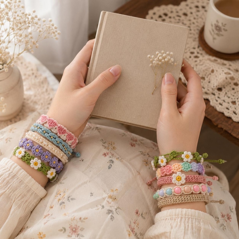 May include: A collection of handmade crochet bracelets featuring floral patterns and pastel colors. The bracelets are crafted with intricate yarn stitching, incorporating small beads and daisy motifs in shades of pink, blue, purple, green, and cream.