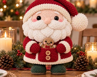 May include: A crocheted Santa Claus doll featuring a red hat with a white pom-pom, a thick white beard, a red coat with two wooden buttons, and dark green boots. The Santa holds a small brown gingerbread man figure with a red bow tie.