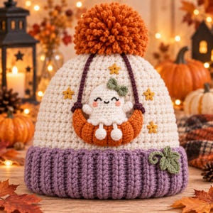 May include: A cream-colored crochet beanie featuring a large orange pom-pom on top and a purple ribbed brim. The front displays a white ghost sitting on an orange crescent moon, accented with small yellow stars and a green leaf on the brim.