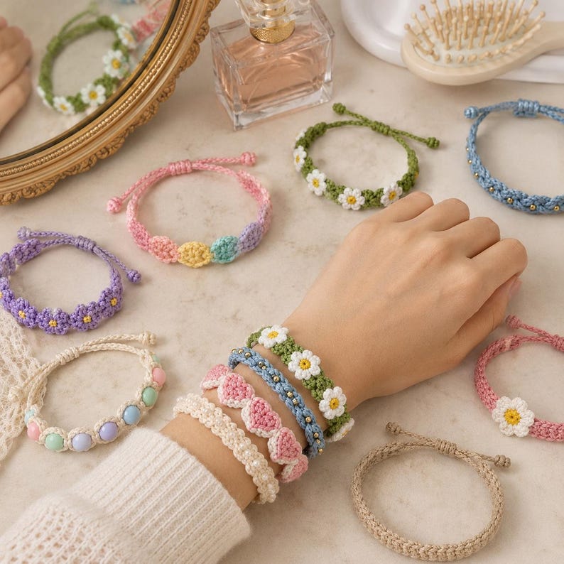 May include: A collection of handmade crochet bracelets featuring various designs, including daisy flower patterns, pastel-colored beads, and scalloped edges in shades of pink, blue, green, purple, and cream, displayed on a wrist and a surface.