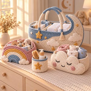 May include: A set of four crocheted storage baskets featuring a large moon-shaped basket, a rainbow-shaped basket, a cloud-shaped basket with a face, and a small cylindrical basket, all decorated with stars, clouds, and soft pastel colors.