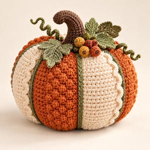 Virkmönster för pumpa, texturerad höstdekoration med löv och bär, Thanksgiving-dekor PDF