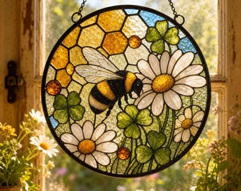 Bee Suncatcher Round Glass Window Hanging Stained Glass Style Daisy Clover Honeycomb Garden Decor Pollinator Wall Art Nature Lover Gift Home