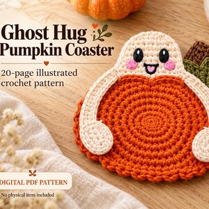 Häkelanleitung für einen Kürbis-Untersetzer mit Geistermotiv, einfache Halloween-Häkelideen, kreatives Halloween-Häkeldesign mit Kürbis und Geist (digitale PDF-Datei)