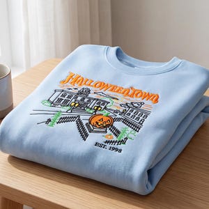 Embroidered Spooky Halloween Town Sweatshirt, Embroidered Haunted House Crewneck, Pumpkin Patch Shirt, Fall Gift, Est 1998 Sweatshirt