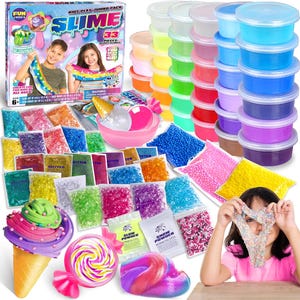 May include: A slime kit featuring a box with 33 pieces, numerous plastic containers filled with colorful slime, various packets of glitter, beads, and powder additives, a slime ice cream cone, a lollipop shape, and a bowl with slime.