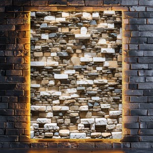 May include: A rectangular wall panel featuring a textured mosaic of stacked natural stones in shades of white, beige, grey, and tan. The panel is framed by a dark charcoal brick border illuminated by a warm, glowing orange LED light strip.