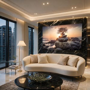 May include: A curved cream-coloured sofa with four beige throw pillows, positioned in front of a large wall-mounted landscape print of stacked stones and a tree at sunset, set against a black marble wall with a gold floor lamp and black table.