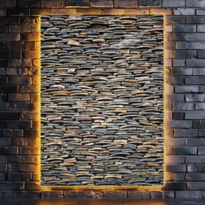May include: A rectangular wall panel featuring a dense, layered arrangement of thin, horizontal dark grey and brown stone tiles. The panel is framed by a glowing, warm orange LED light strip set against a dark, textured brick wall background.