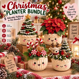 Può includere: Un set di cinque schemi all'uncinetto per coprivasi natalizi con un albero, una stella di Natale, un cuore di pan di zenzero con bastoncini di zucchero, una renna e un pettirosso. Ogni vaso ha una base color crema con un viso sorridente.