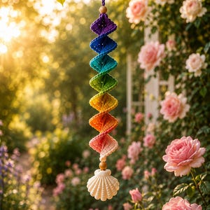 May include: A hanging spiral ornament featuring a gradient of colors from purple to blue, green, yellow, orange, and pink. The structure is made of woven cord, accented with two light-colored wooden beads, and finished with a white seashell at the bottom.