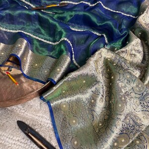 Dhoop Chaon Pure Tissue Banarasi silk Saree | Peacock Blue Green Handwork Pearl Border