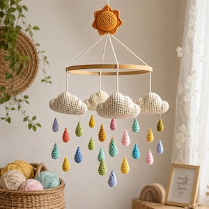 Crochet Baby Mobile Pattern PDF | Sun Cloud Rain Drops Nursery Mobile | Amigurumi Crib  | Baby Shower Gift | Digital Download