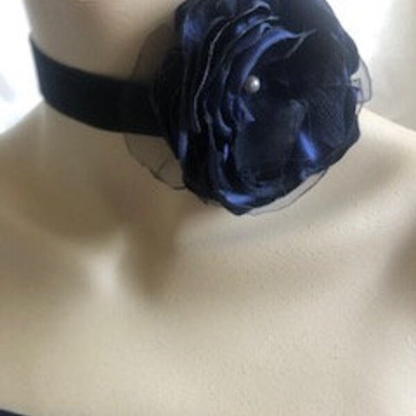 Midnight - Dark Blue Rose Choker - Available in Antique Gold/Silver plated Fastenings/ Choose your Centre Accent