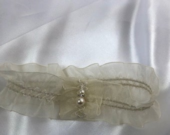 Evelyn - Cream Organza, Pearl & Rhinestone Bridal Garter  - Many Sizes available - Boho Wedding Rhinestone Garter