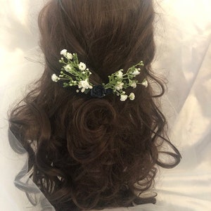 Midnight Blue Rose & Ivory Gypsophila Bridal Comb - Rustic Boho Wedding - Flower Spray Comb - Bridesmaid Comb - Occasion
