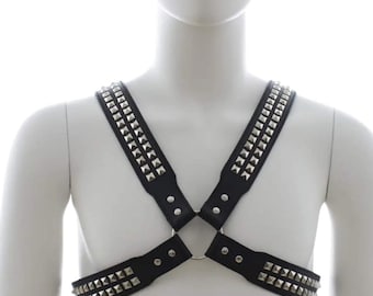 Handmade Genuine Leather Studded Chest Harness, Gothic Punk Biker Costume