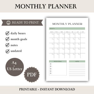 Könnte beinhalten: Eine druckbare Monatsplaner-Vorlage im PDF-Format mit einem Rasterkalender mit Tagesfeldern, einem Bereich für Monatsziele und einem Notizbereich. Das Design enthält den Text Monthly Planner, Ready to Print, A4 + US Letter und Printable Instant Download.