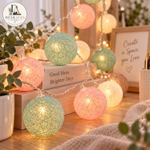 May include: A string of decorative globe lights featuring spherical shades made of interwoven thread in soft pastel shades of pink, mint green, and white. Each sphere contains a warm glowing light, creating a soft illumination across the surface.