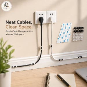 Pode incluir: Um conjunto de pequenos clipes adesivos para cabos em preto e branco, montados numa parede para organizar cabos de alimentação. O texto diz: Neat Cables, Clean Space. Simple Cable Management for a Better Workspace. Inclui uma folha de tiras adesivas 3M.