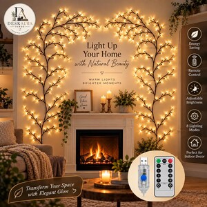 Op de afbeelding: Twee gebogen, zwarte, takachtige structuren versierd met warmwitte LED-lampjes die een open haard omlijsten. De afbeelding bevat de tekst Light Up Your Home with Natural Beauty, Warm Lights Brighter Moments, en een afstandsbediening met een USB-stekker.