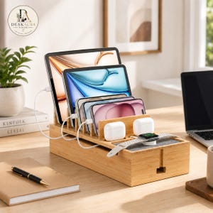 Peut inclure: Une station de charge multi-appareils en bambou dotée de plusieurs fentes verticales pour tablettes et smartphones, deux boîtiers d'écouteurs sans fil blancs et un espace dédié pour une montre connectée avec un bracelet blanc.