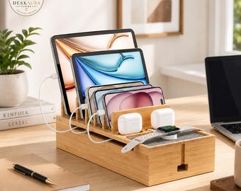 Estación de carga de bambú, base de carga multidispositivo para teléfono y tableta.