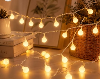 Guirlande lumineuse féérique de 10 m avec boules lumineuses, alimentation USB et piles, blanc chaud, idéale pour la chambre, le jardin, les mariages, Noël, le camping et la décoration intérieure.