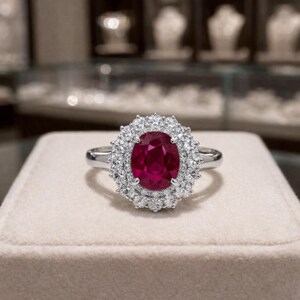 Puede incluir: Un anillo de tono plateado con una gran piedra preciosa de color rojo intenso y corte ovalado en el centro, rodeada por un halo de numerosas piedras pequeñas, redondas, claras y brillantes dispuestas en forma de flor sobre una banda de metal pulido.