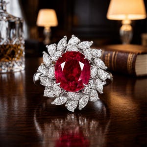 May include: A ring featuring a large, oval-cut deep red gemstone at the centre, surrounded by a cluster of numerous marquise-cut clear white stones set in a polished silver-toned metal band, creating a floral-inspired arrangement of sparkling gems.