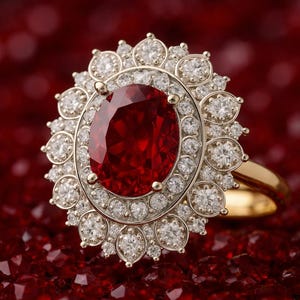 May include: A gold ring featuring a large oval-cut deep red gemstone at the centre, surrounded by two concentric halos of small round white diamonds. The setting is crafted in a polished gold band, creating a floral-inspired cluster design.