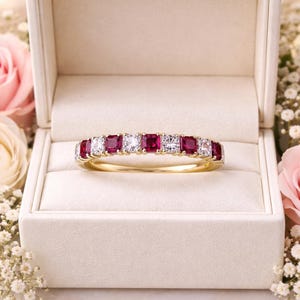 1.60 Ct Princess Cut Natural Ruby Eternity Wedding Gift Band Set 14K Yellow Gold