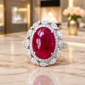 Op de afbeelding: Een ring met een grote, ovaalvormige, dieprode cabochon edelsteen in het midden. De steen is omringd door een dubbele halo van kleine, heldere, fonkelende diamanten, met marquise-geslepen diamanten die de buitenste rand van de zetting vormen.