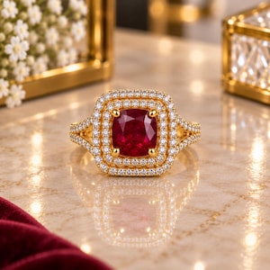 Puede incluir: Un anillo de oro con una gran piedra central de rubí rojo intenso en talla cojín, rodeada por un doble halo de pequeños diamantes blancos redondos. La banda está dividida en dos secciones y también está incrustada con pequeños diamantes.
