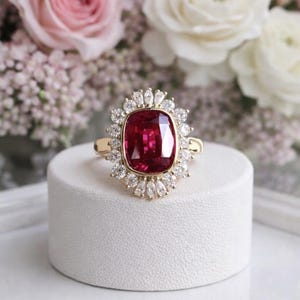 Puede incluir: Un anillo de oro con una gran piedra preciosa de color rojo intenso en talla cojín en el centro, rodeada por un halo de numerosas piedras blancas pequeñas, claras, en talla marquesa y redonda, dispuestas en un patrón floral radiante.