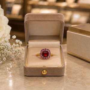 May include: A gold ring featuring a large, cushion-cut red gemstone at the centre, surrounded by a halo of smaller, vibrant pink stones. The ring is displayed inside an open, beige velvet-lined jewellery box with a gold-toned metal trim.